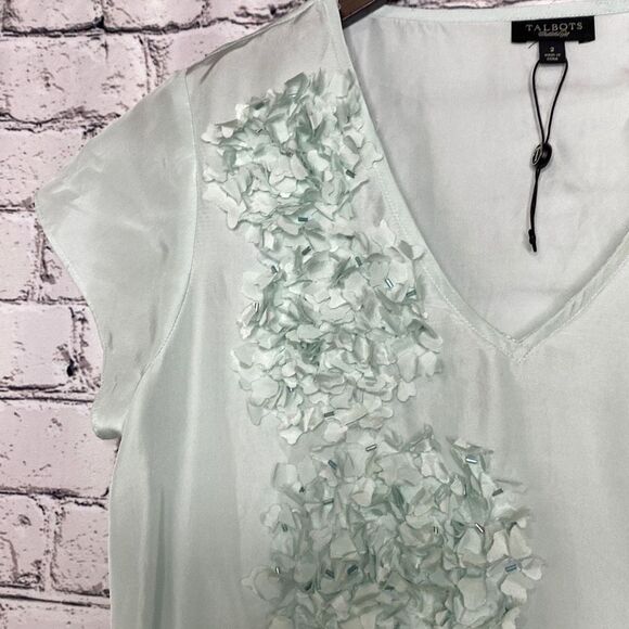 Talbots Silk Cap Sleeve Beaded V-Neck Embellished Dressy Top Mint 2 - Picture 5 of 11